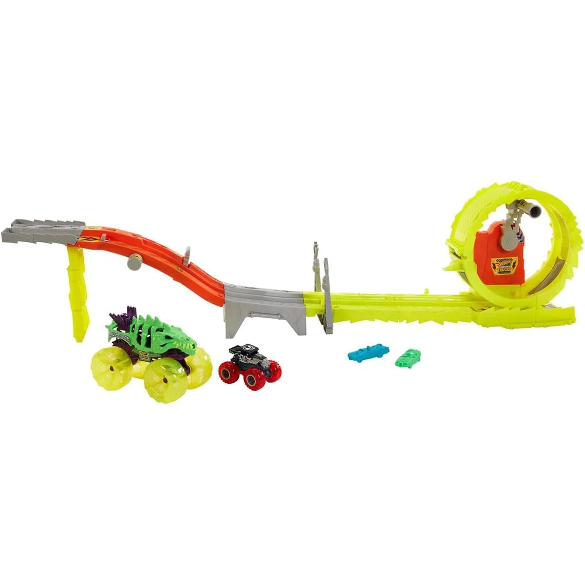 Hot Wheels Monster Trucks Track Set with 2 Toy Trucks: Oversized Skelesaurus &amp; 1:64 Scale Bone Shaker, Charge &amp; Chase Challenge with 2 Crushed Cars