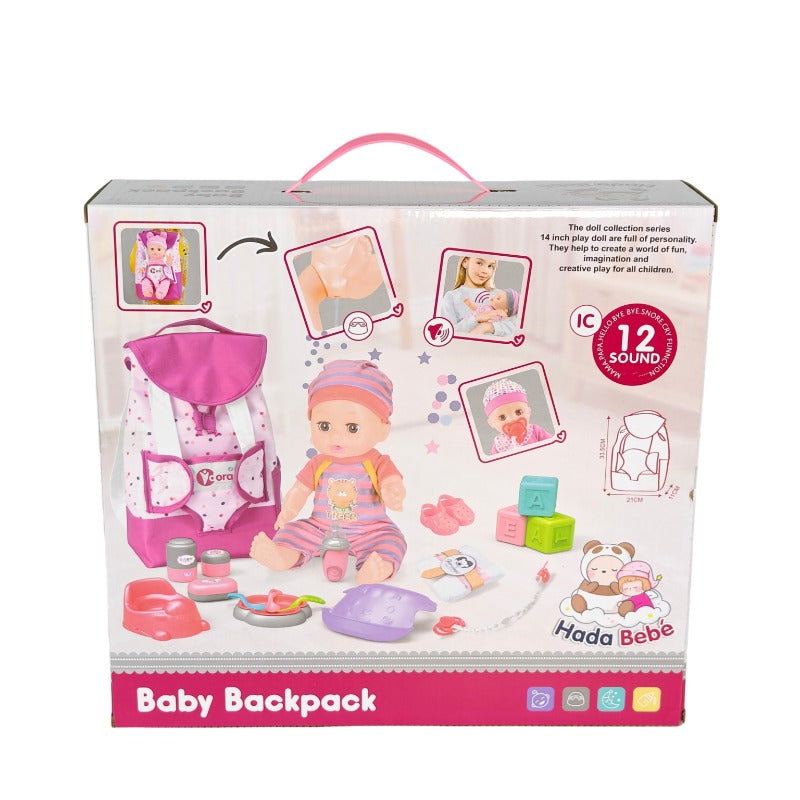 VDORA 14" Baby Doll with Care Backpack Set - Drinks Water, Urinates & 12 Sounds