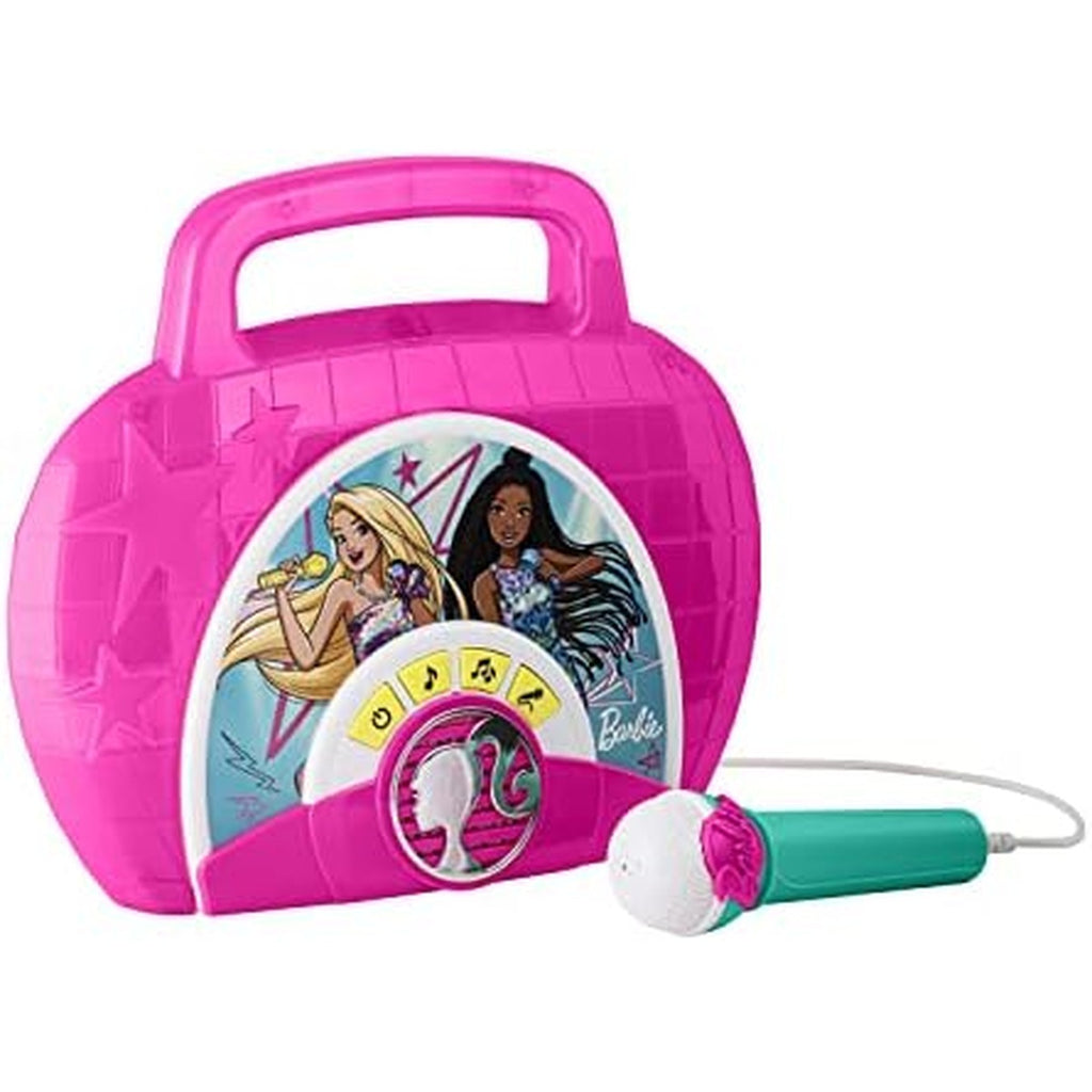 eKids Barbie Sing Along Boom Box Speaker with Microphone for Fans of Barbie Toys, Kids Karaoke Machine with Built in Music and Flashing Lights