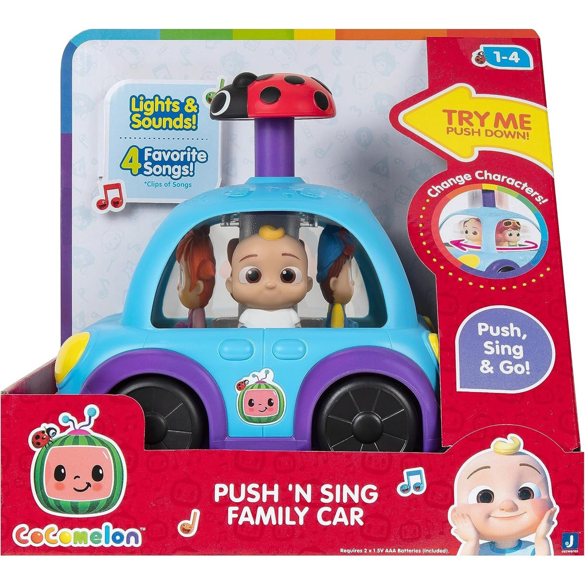 CoComelon Push 'N Sing - Coche familiar interactivo musical iluminado, personajes favoritos de los fanáticos y clips de canción, juguetes para niños pequeños y preescolares