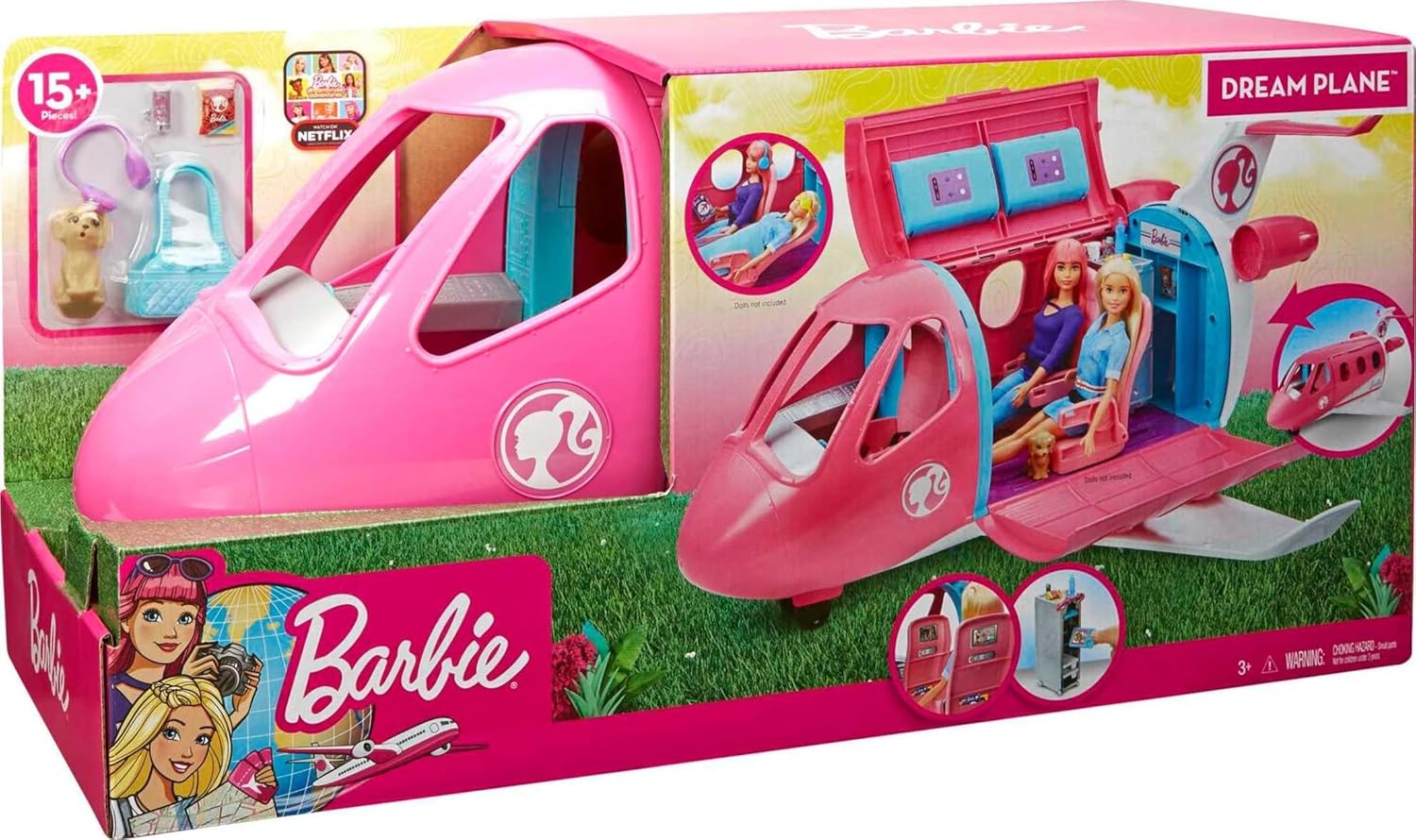 Barbie Dreamplane Airplane Toys Playset with 15+ Accessories Including Puppy, Snack Cart, Reclining Seats and More (Amazon Ex
