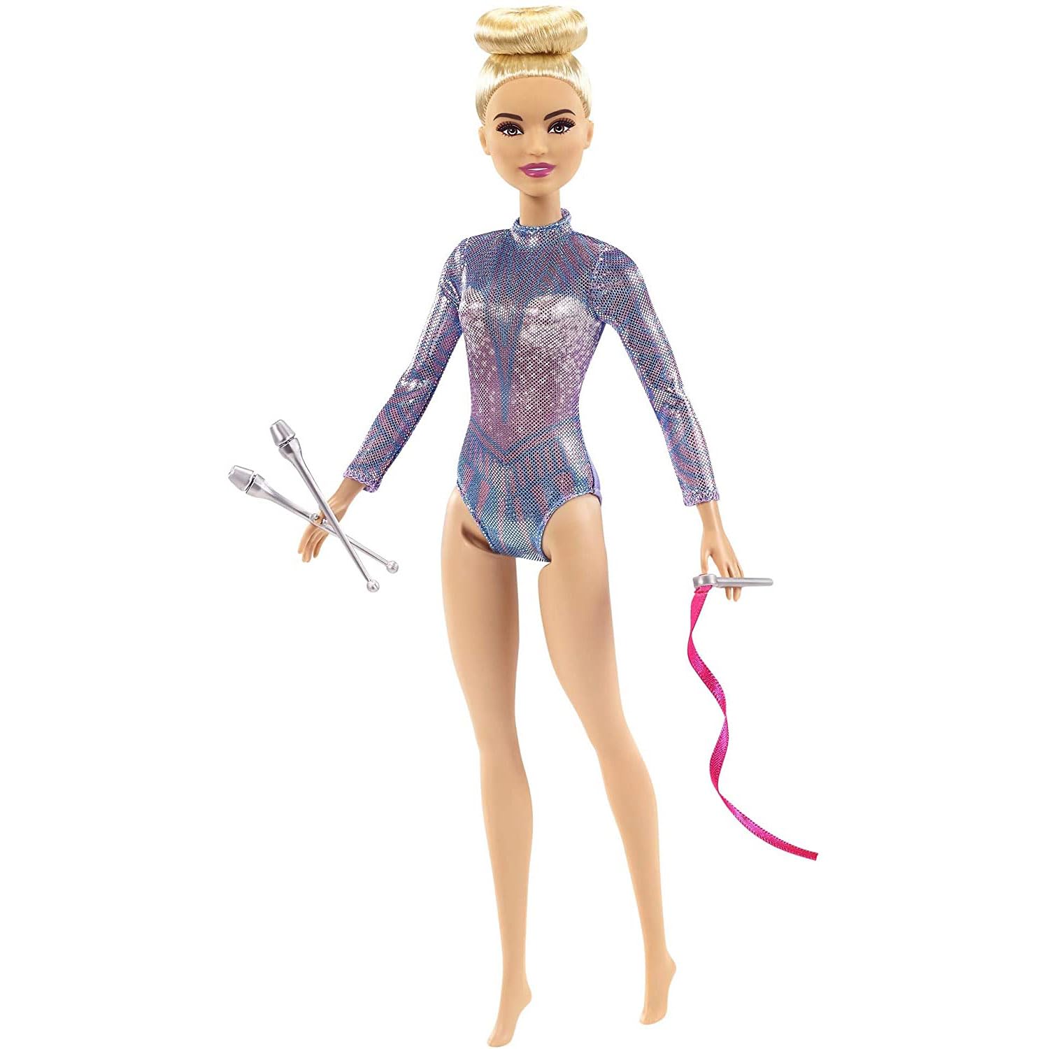 Barbie Rhythmic Gymnast Blonde Doll (12-in/30.40-cm) with Colorful Metallic Leotard, 2 Clubs & Ribbon Accessory, Great Gift f