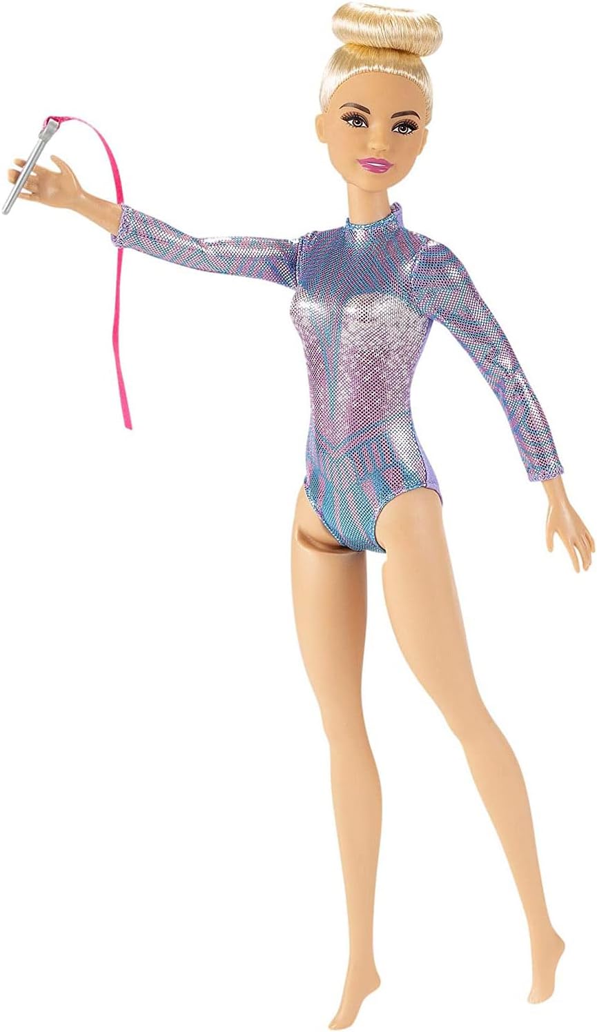 Barbie Rhythmic Gymnast Blonde Doll (12-in/30.40-cm) with Colorful Metallic Leotard, 2 Clubs & Ribbon Accessory, Great Gift f