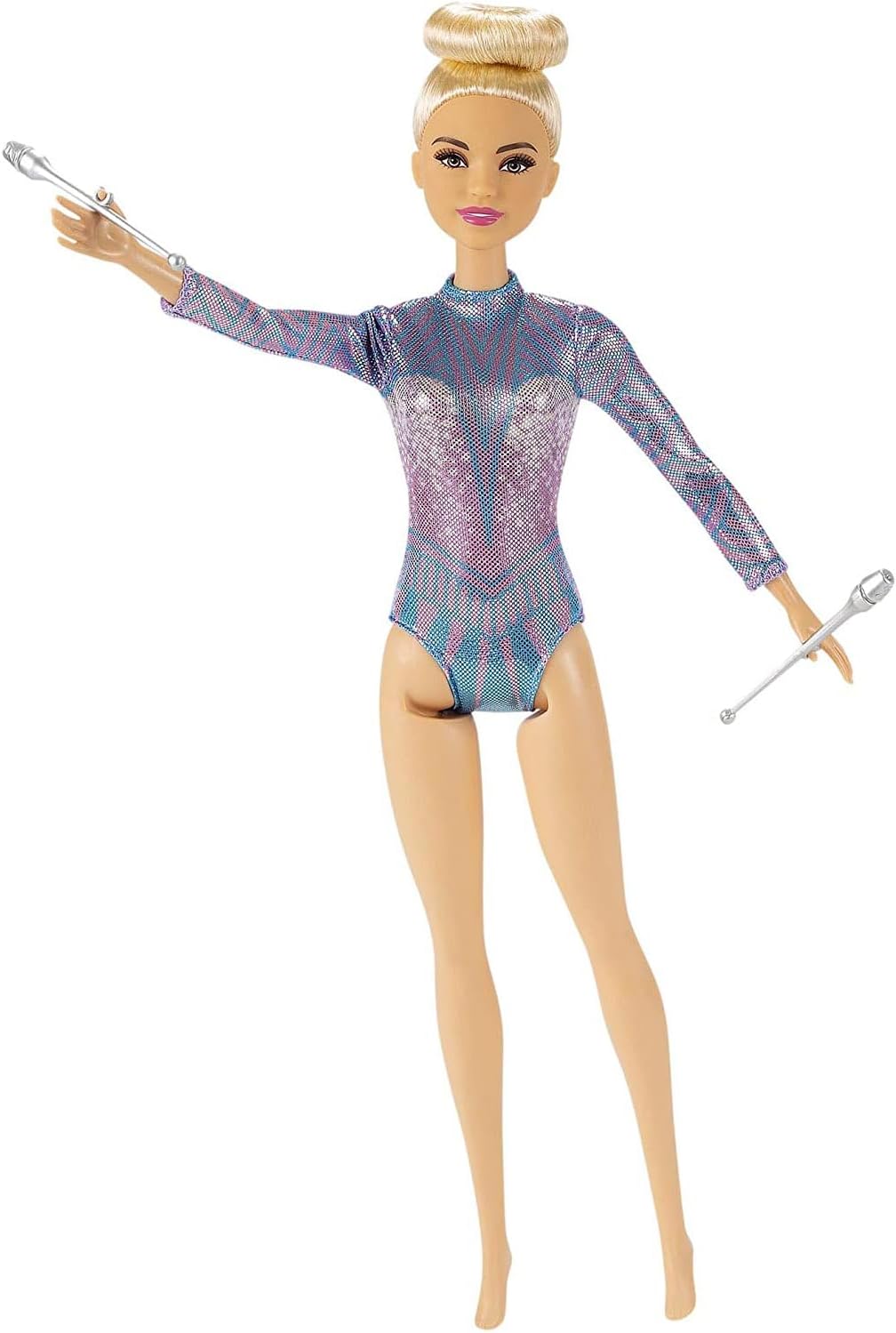 Barbie Rhythmic Gymnast Blonde Doll (12-in/30.40-cm) with Colorful Metallic Leotard, 2 Clubs & Ribbon Accessory, Great Gift f