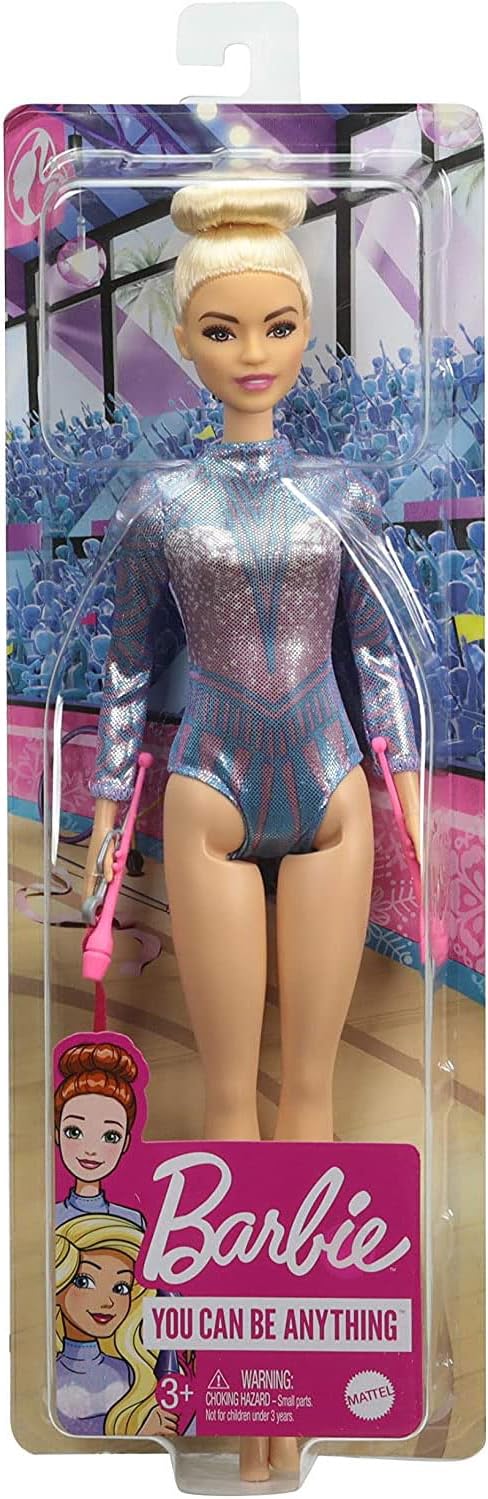 Barbie Rhythmic Gymnast Blonde Doll (12-in/30.40-cm) with Colorful Metallic Leotard, 2 Clubs & Ribbon Accessory, Great Gift f