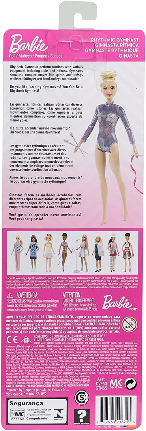 Barbie Rhythmic Gymnast Blonde Doll (12-in/30.40-cm) with Colorful Metallic Leotard, 2 Clubs & Ribbon Accessory, Great Gift f