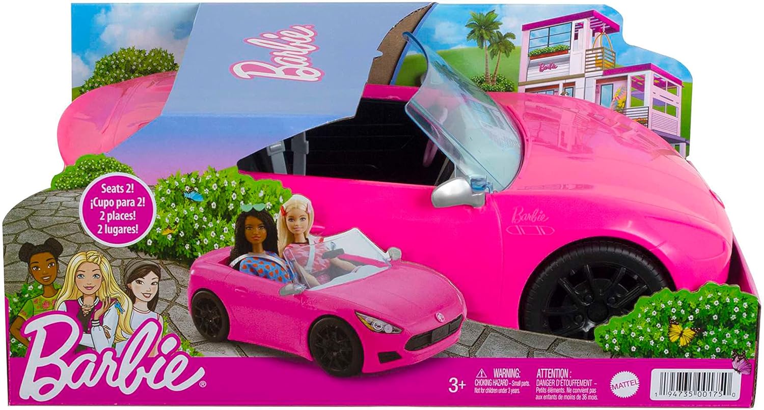 Barbie Convertible 2-Seater Vehicle, Pink Car with Rolling Wheels & Realistic Details, Gift for 3 to 7 Year Olds Single