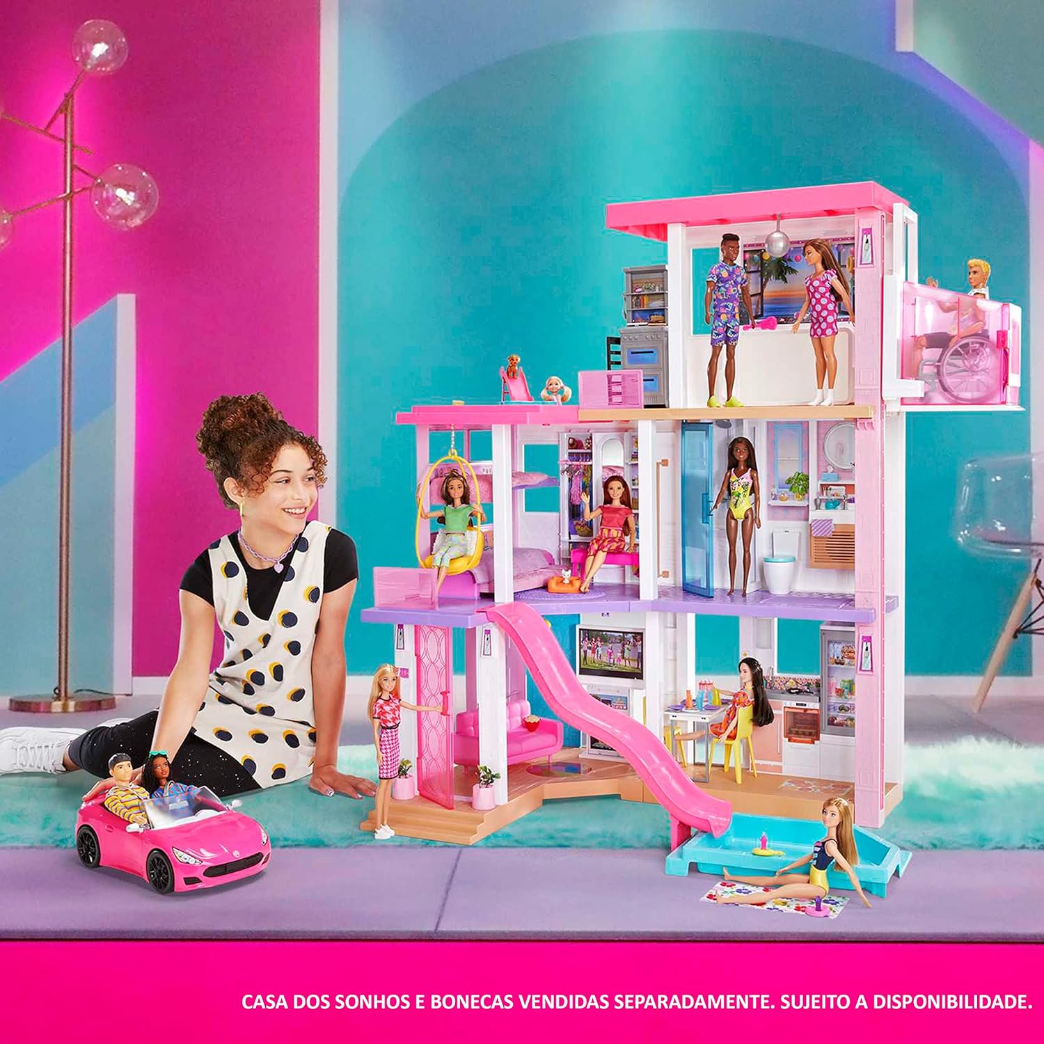 Barbie Convertible 2-Seater Vehicle, Pink Car with Rolling Wheels & Realistic Details, Gift for 3 to 7 Year Olds Single