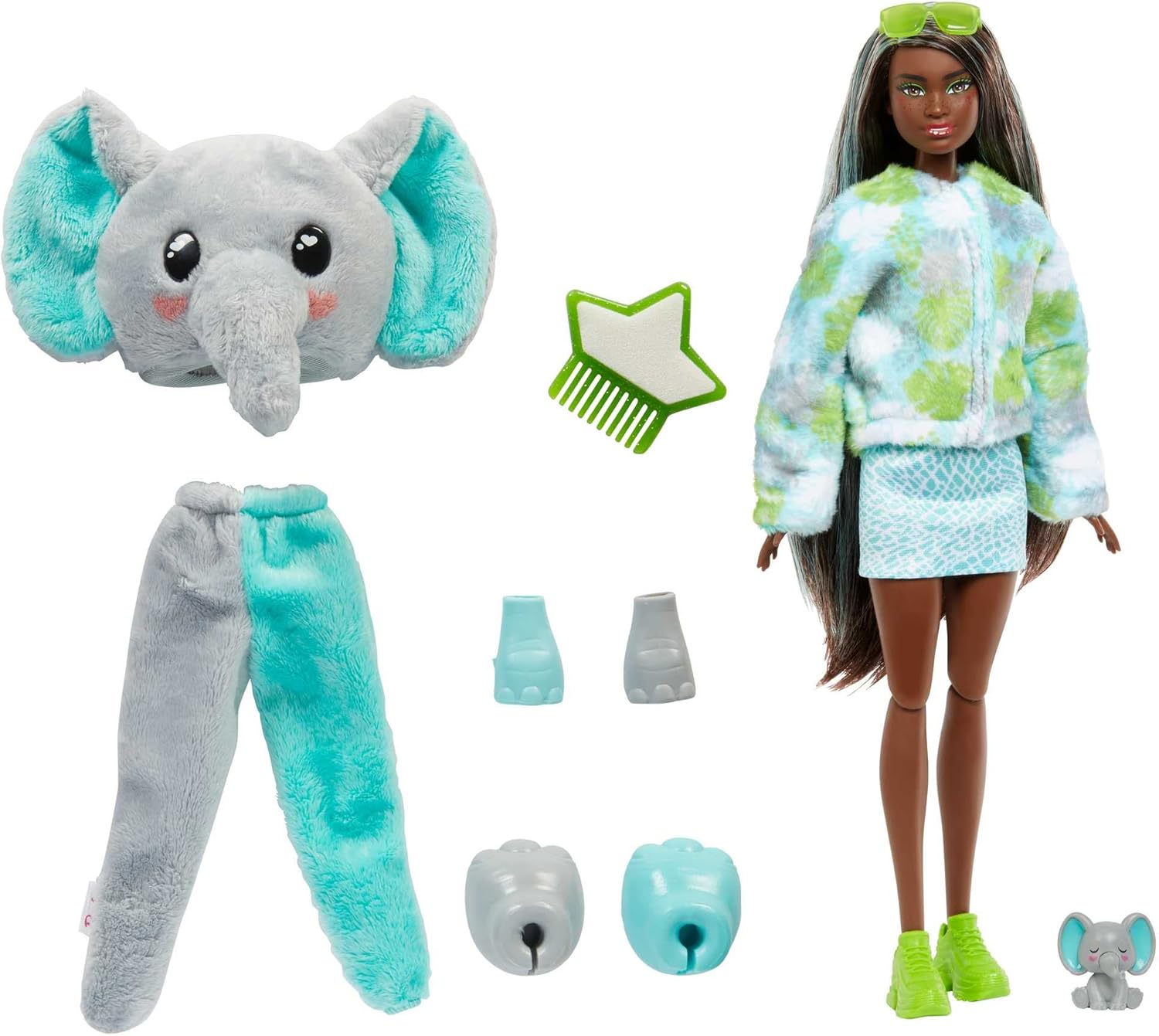 Barbie Cutie Reveal Fashion Doll, Jungle Series Elephant Plush Costume, 10 Surprises Including Mini Pet & Color Change