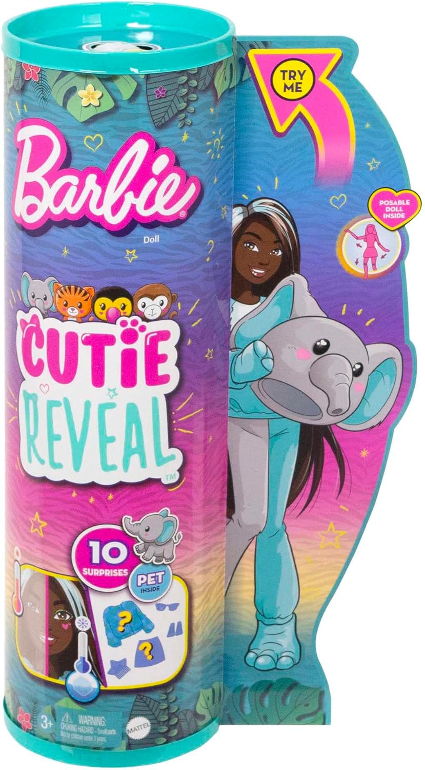 Barbie Cutie Reveal Fashion Doll, Jungle Series Elephant Plush Costume, 10 Surprises Including Mini Pet & Color Change