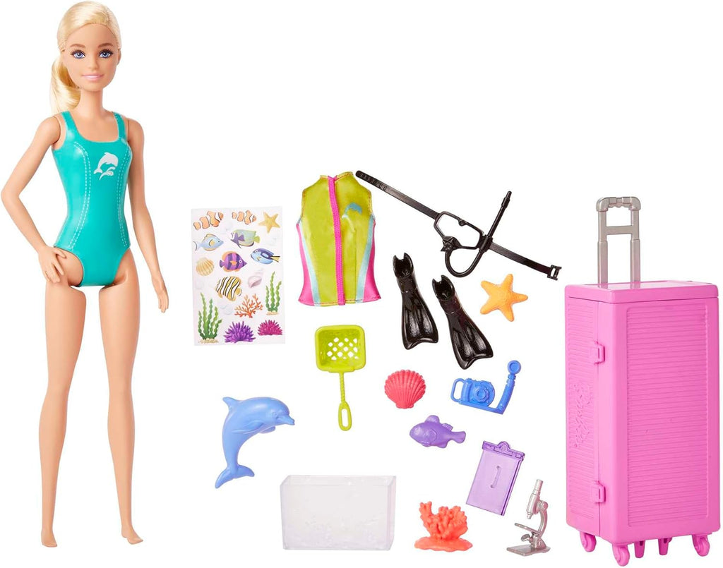 Barbie Dolls & Accessories, Marine Biologist Doll (Blonde) & Mobile Lab Playset with 10+ Pieces, Case Opens for Storage & Tra