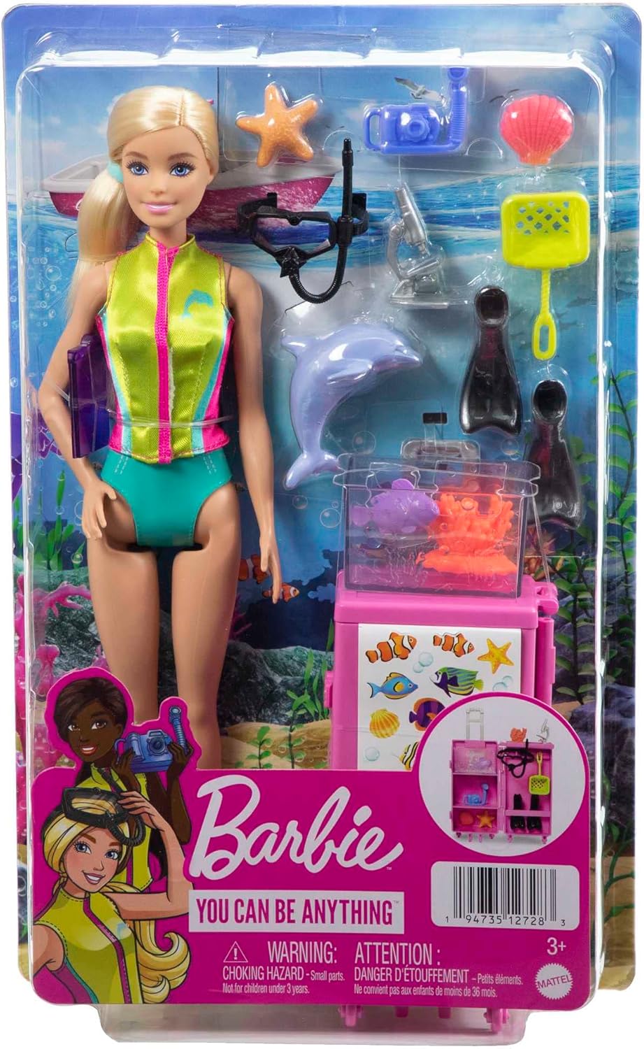 Barbie Dolls & Accessories, Marine Biologist Doll (Blonde) & Mobile Lab Playset with 10+ Pieces, Case Opens for Storage & Tra