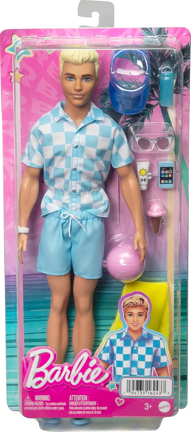 Barbie Blonde Ken Doll with Blue Button Down and Swim Trunks, Visor, Towel and Beach-Themed Accessories