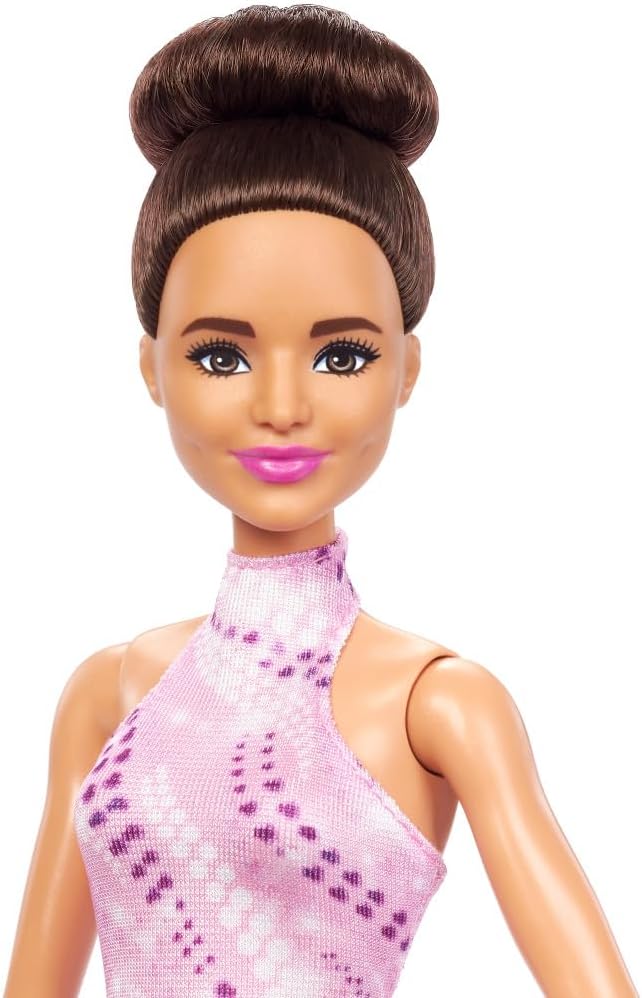 Barbie Careers Fashion Doll & Accessories, Brunette Ice Skater in Removable Pink Outfit with Ice Skates & Trophy