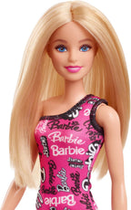 Barbie® Doll with Smooth Blonde Hair Dressed in Asymmetric Removable Pink Dress and Logo Print Shoes, HRH07