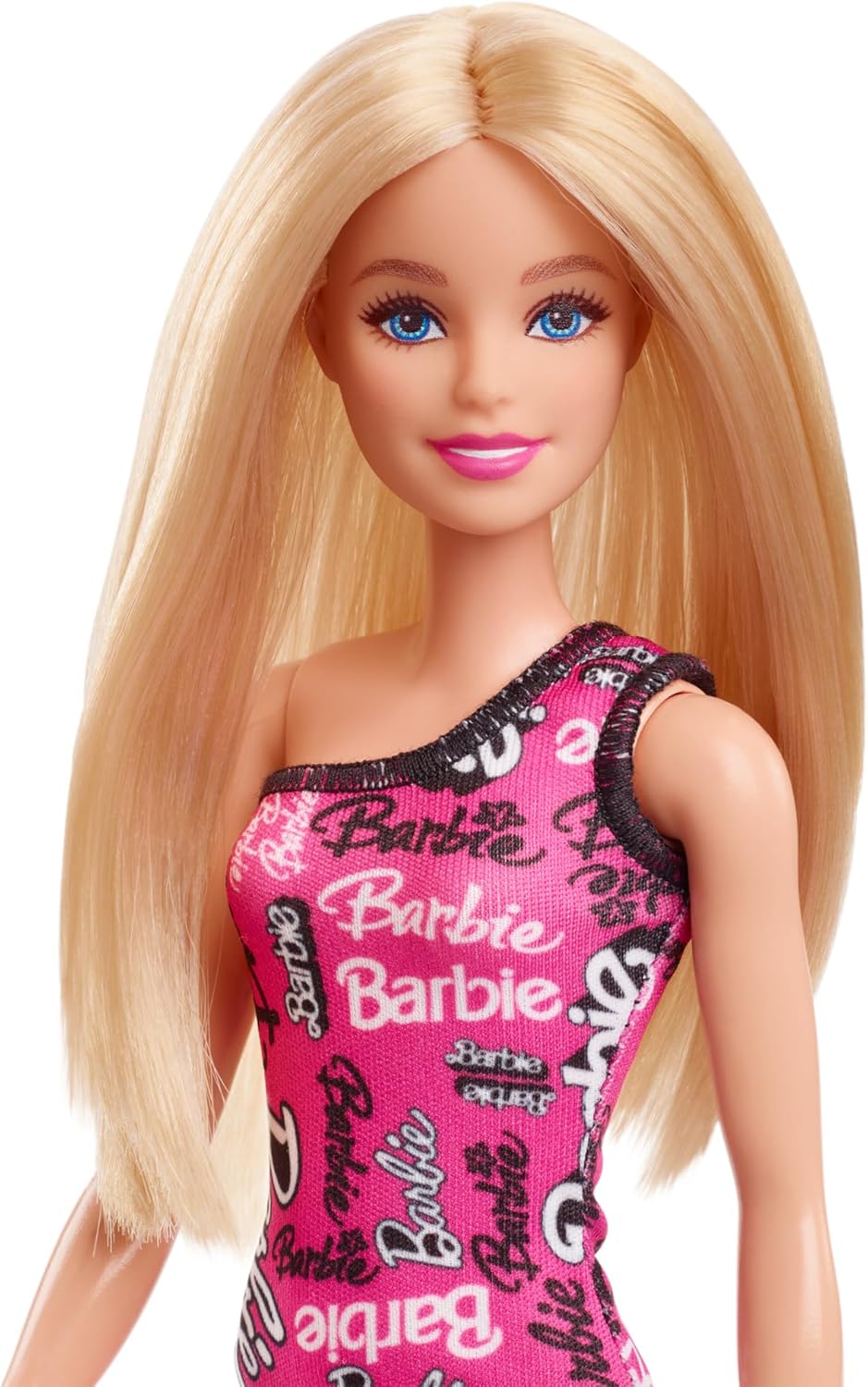 Barbie® Doll with Smooth Blonde Hair Dressed in Asymmetric Removable Pink Dress and Logo Print Shoes, HRH07