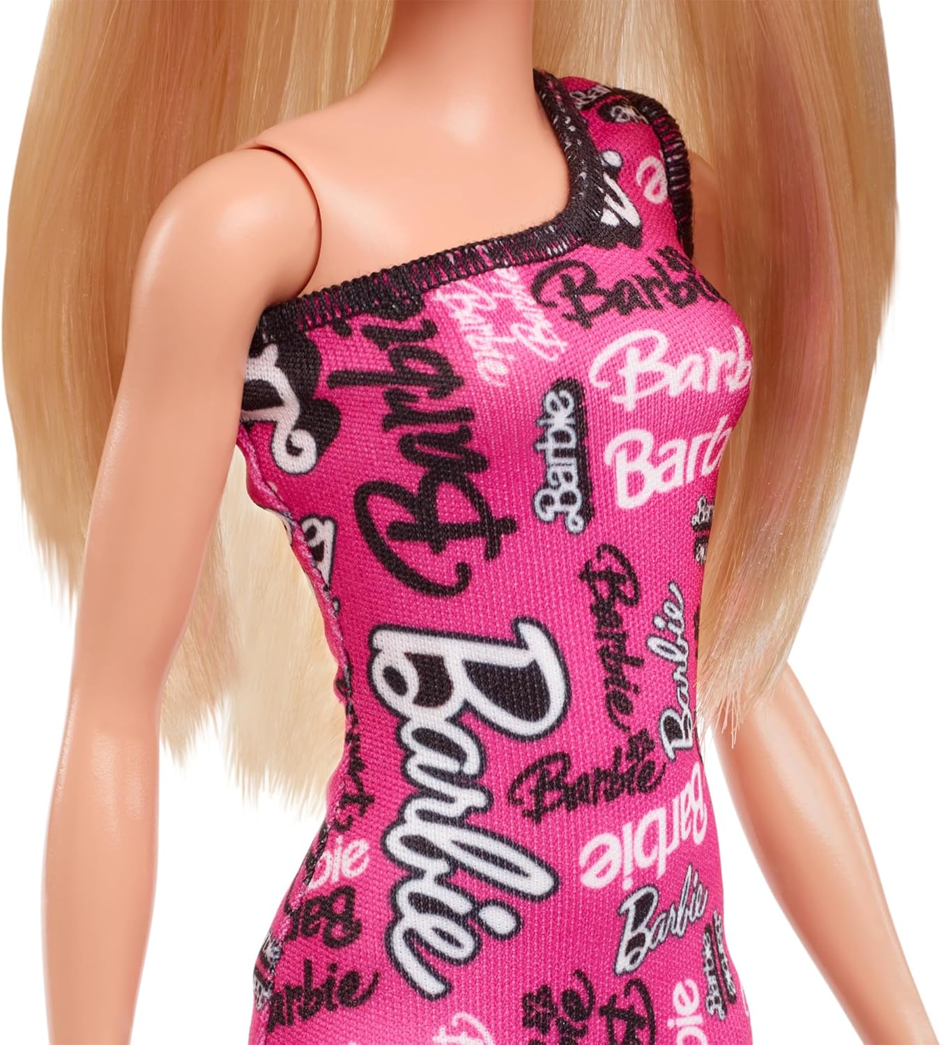 Barbie® Doll with Smooth Blonde Hair Dressed in Asymmetric Removable Pink Dress and Logo Print Shoes, HRH07