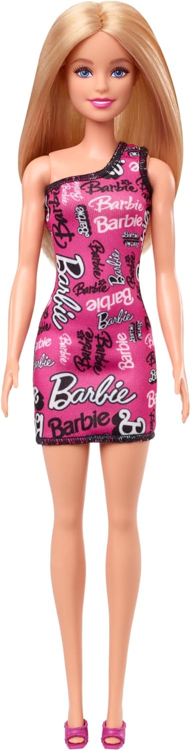 Barbie® Doll with Smooth Blonde Hair Dressed in Asymmetric Removable Pink Dress and Logo Print Shoes, HRH07