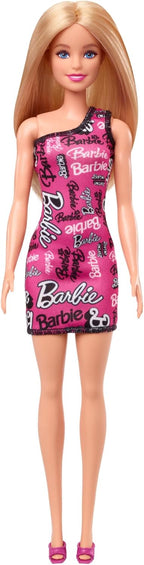 Barbie® Doll with Smooth Blonde Hair Dressed in Asymmetric Removable Pink Dress and Logo Print Shoes, HRH07