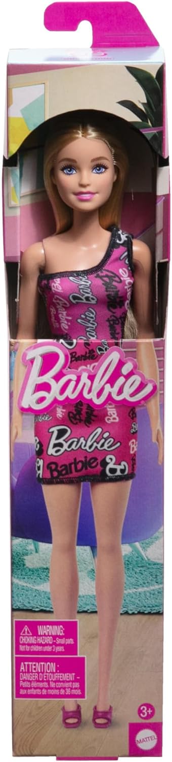 Barbie® Doll with Smooth Blonde Hair Dressed in Asymmetric Removable Pink Dress and Logo Print Shoes, HRH07