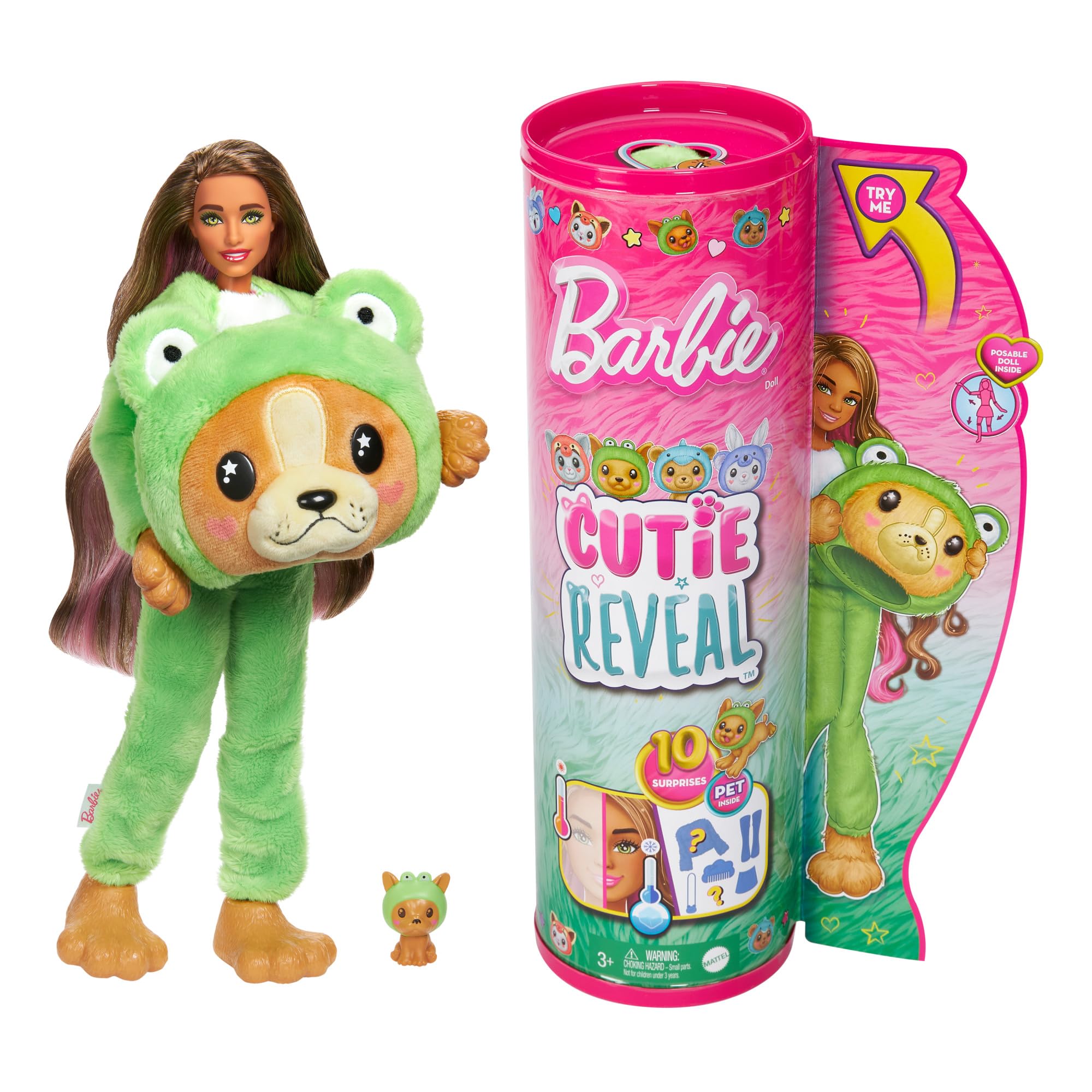 Barbie Cutie Reveal Doll & Accessories with Animal Costume & 10 Surprises Including Color Change, Puppy as Frog in Costume-Th