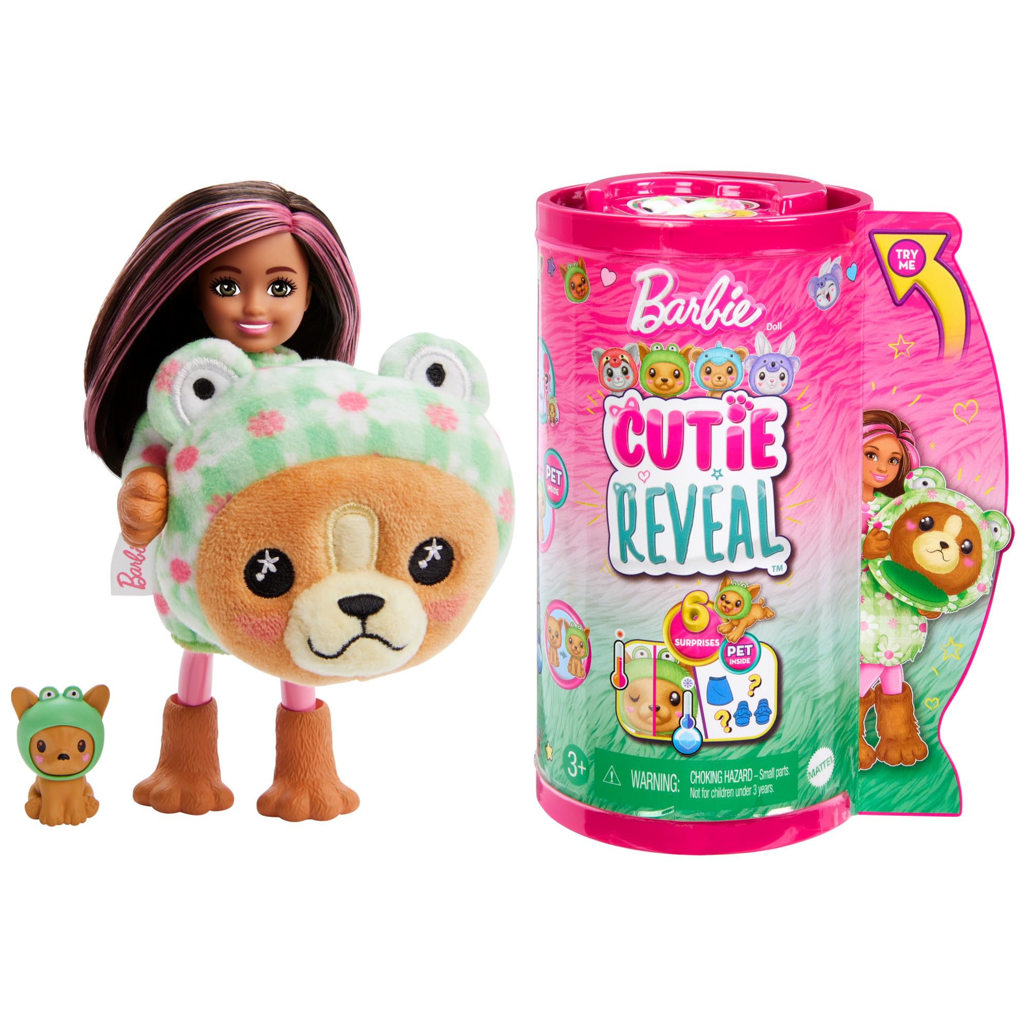Barbie Cutie Reveal Chelsea Doll & Accessories, Animal Plush Costume & 6 Surprises Including Color Change, Puppy as Frog Dog/