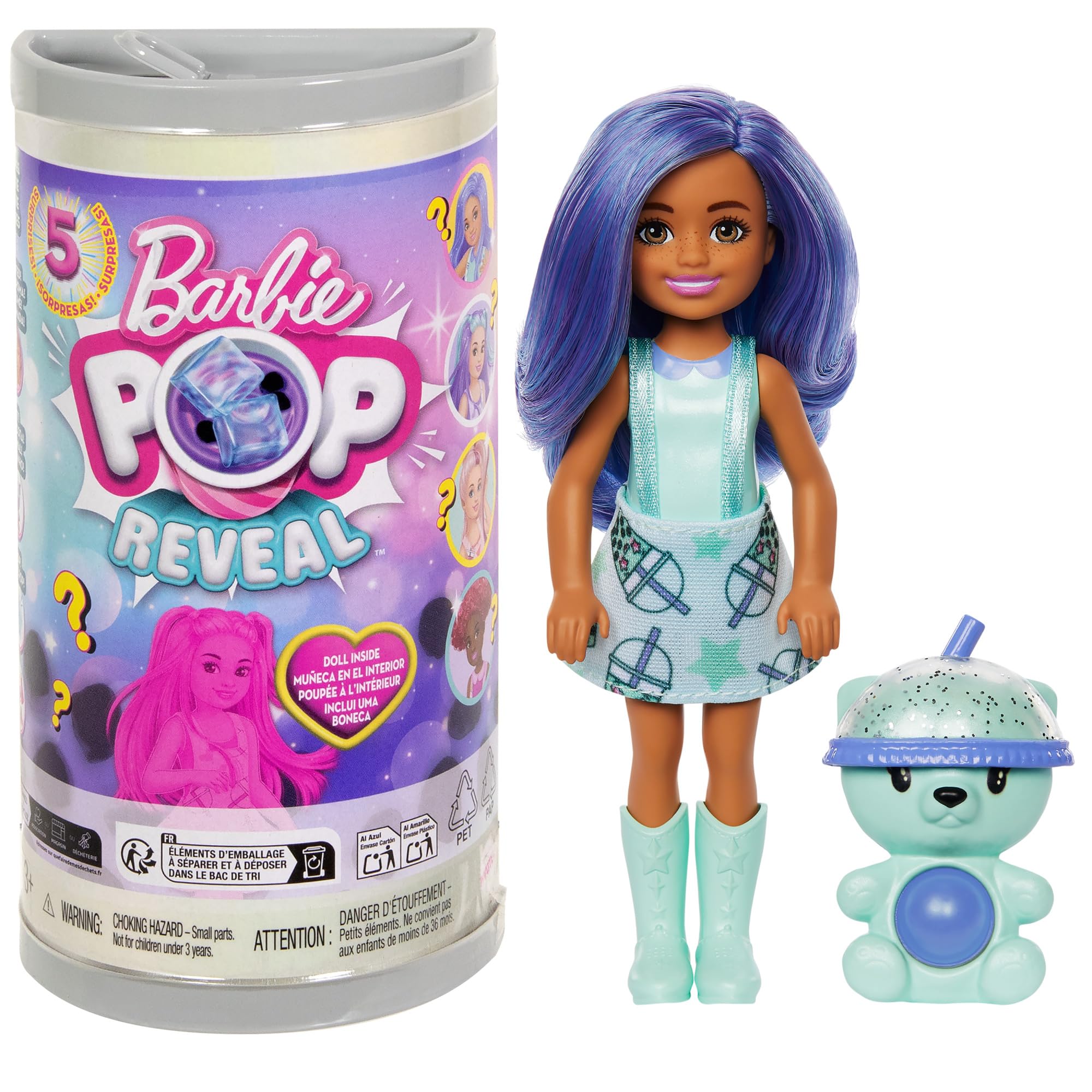 Barbie Chelsea Pop Reveal Bubble Tea Series Set with Themed Package & 5 Surprises Including Scented Small Doll & Pop-It Pet (