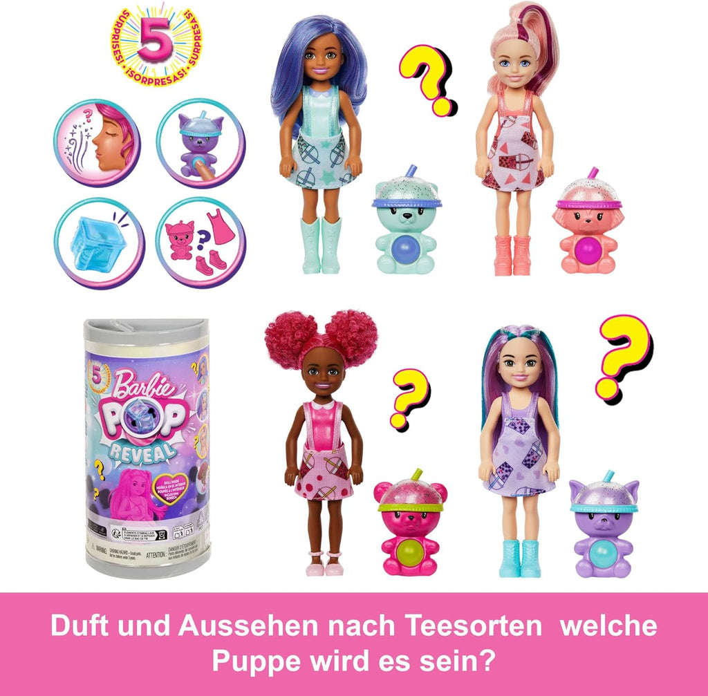 Barbie Chelsea Pop Reveal Bubble Tea Series Set with Themed Package & 5 Surprises Including Scented Small Doll & Pop-It Pet (