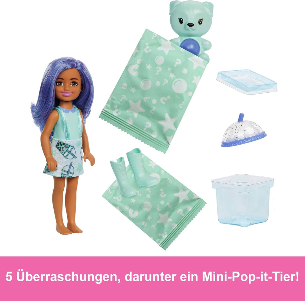 Barbie Chelsea Pop Reveal Bubble Tea Series Set with Themed Package & 5 Surprises Including Scented Small Doll & Pop-It Pet (