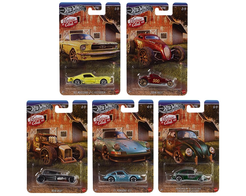 1:64 Scale Diecast Model Car Compatible with Hot Wheels Silver Series Vintage Club Grand Prix H Assortment 2025, Set of 5 Car