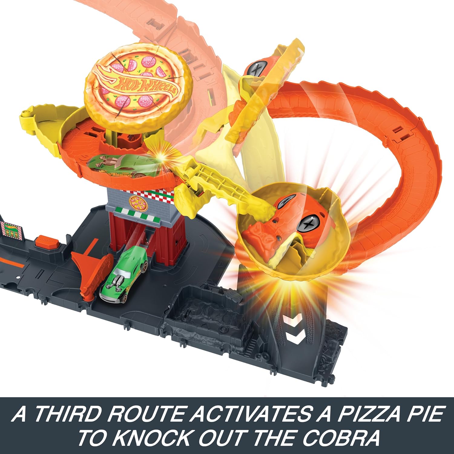 Hot Wheels City Toy Car Track Set, Pizza Slam Cobra Attack Playset