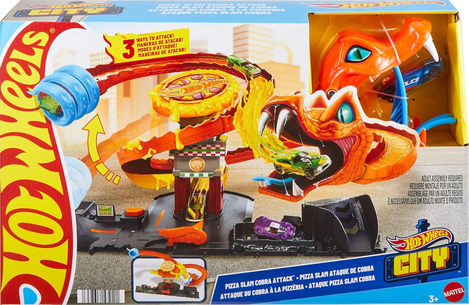 Hot Wheels City Toy Car Track Set, Pizza Slam Cobra Attack Playset