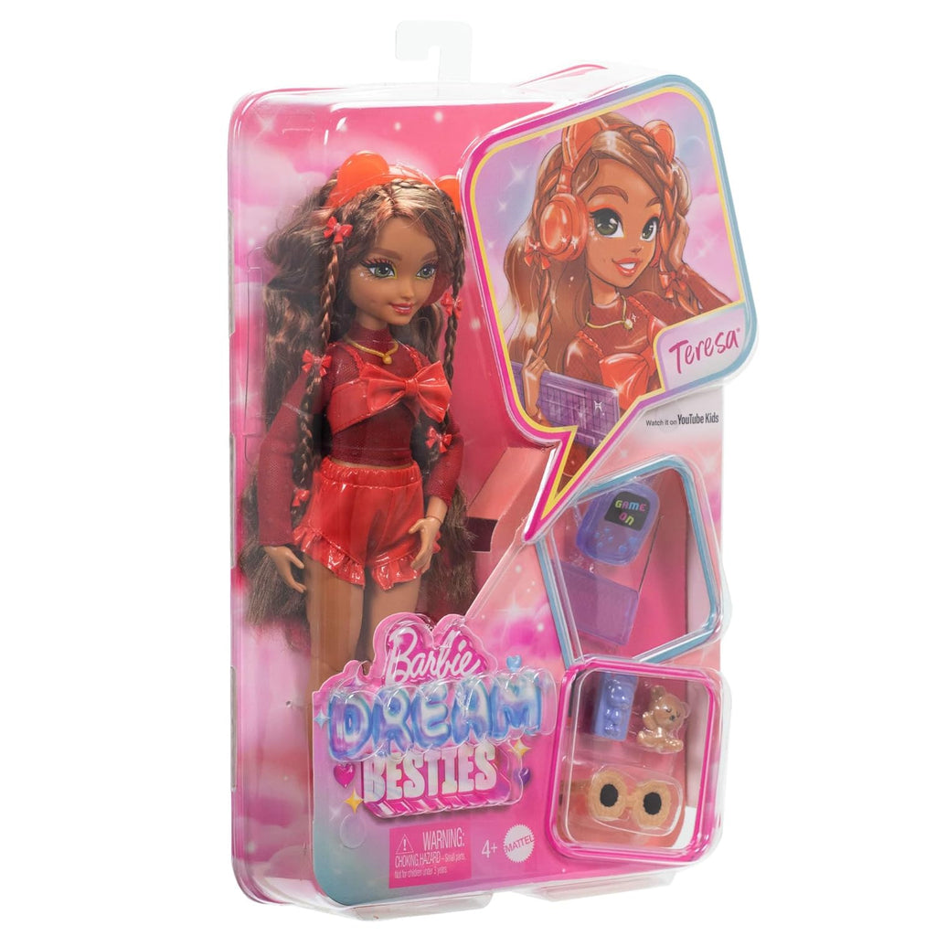 Barbie Dream Besties Playset, Teresa Posable Fashion Doll with Brown Hair & Hairstyling Clips, 10 Video Game-Themed Accessori