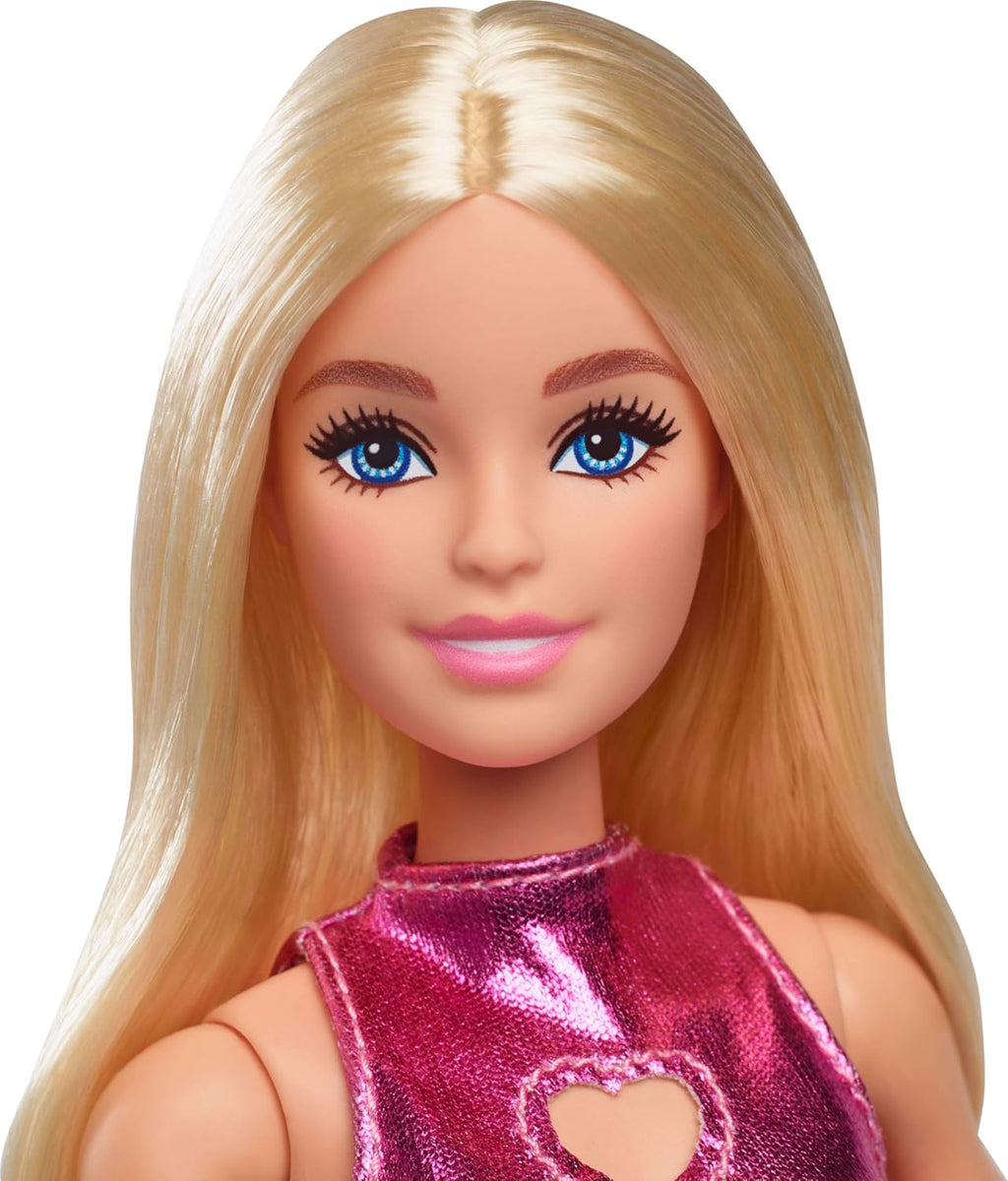 Barbie Fashionistas Doll #230 with Blond Hair, Wearing Metallic Pink Minidress with Heart Cut-Out, White Bracelet and Heels