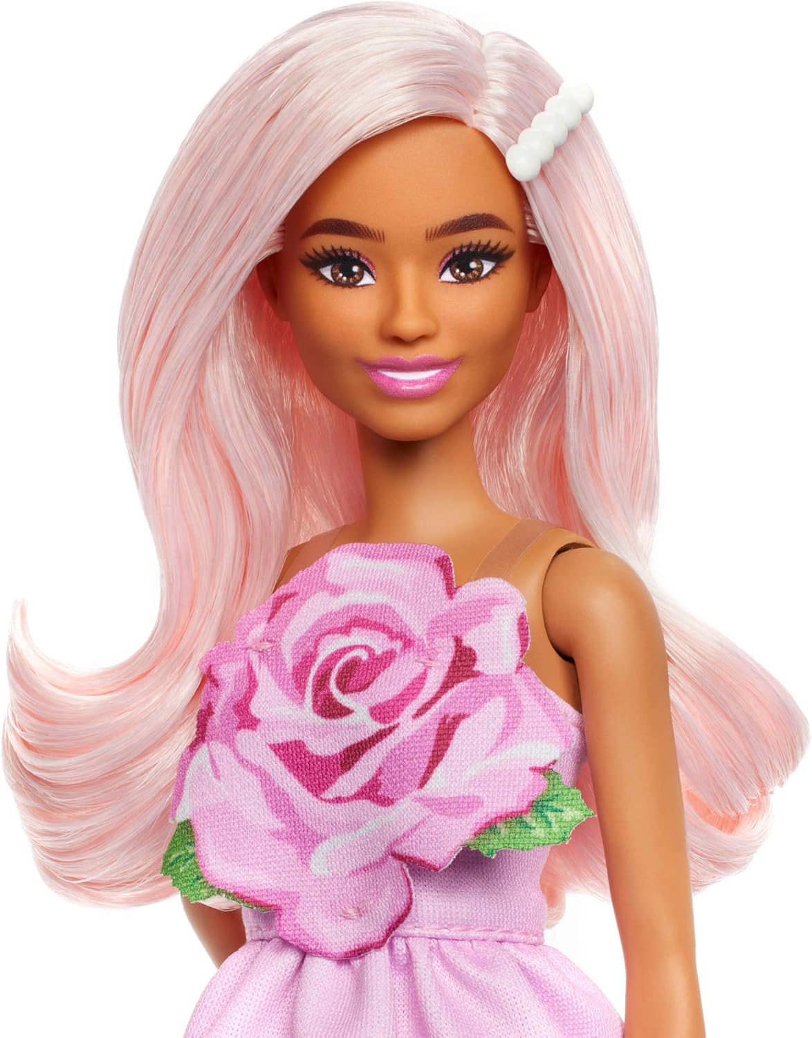 Barbie Fashionistas Doll #238 with Pastel Pink Hair Wearing Strapless Dress with Rose Bodice, Pearly Barrette Accessory and S