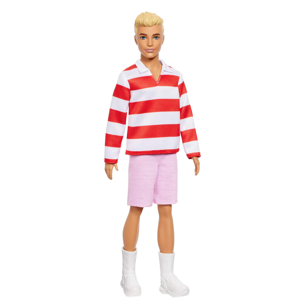 Barbie Fashionistas Ken Doll #241 with Blonde Hair Wearing Red and White Striped Polo Shirt with Pink Shorts, White Crew Sock