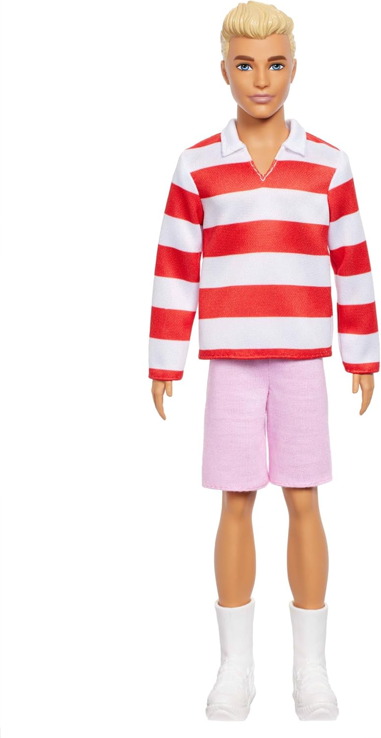 Barbie Fashionistas Ken Doll #241 with Blonde Hair Wearing Red and White Striped Polo Shirt with Pink Shorts, White Crew Sock