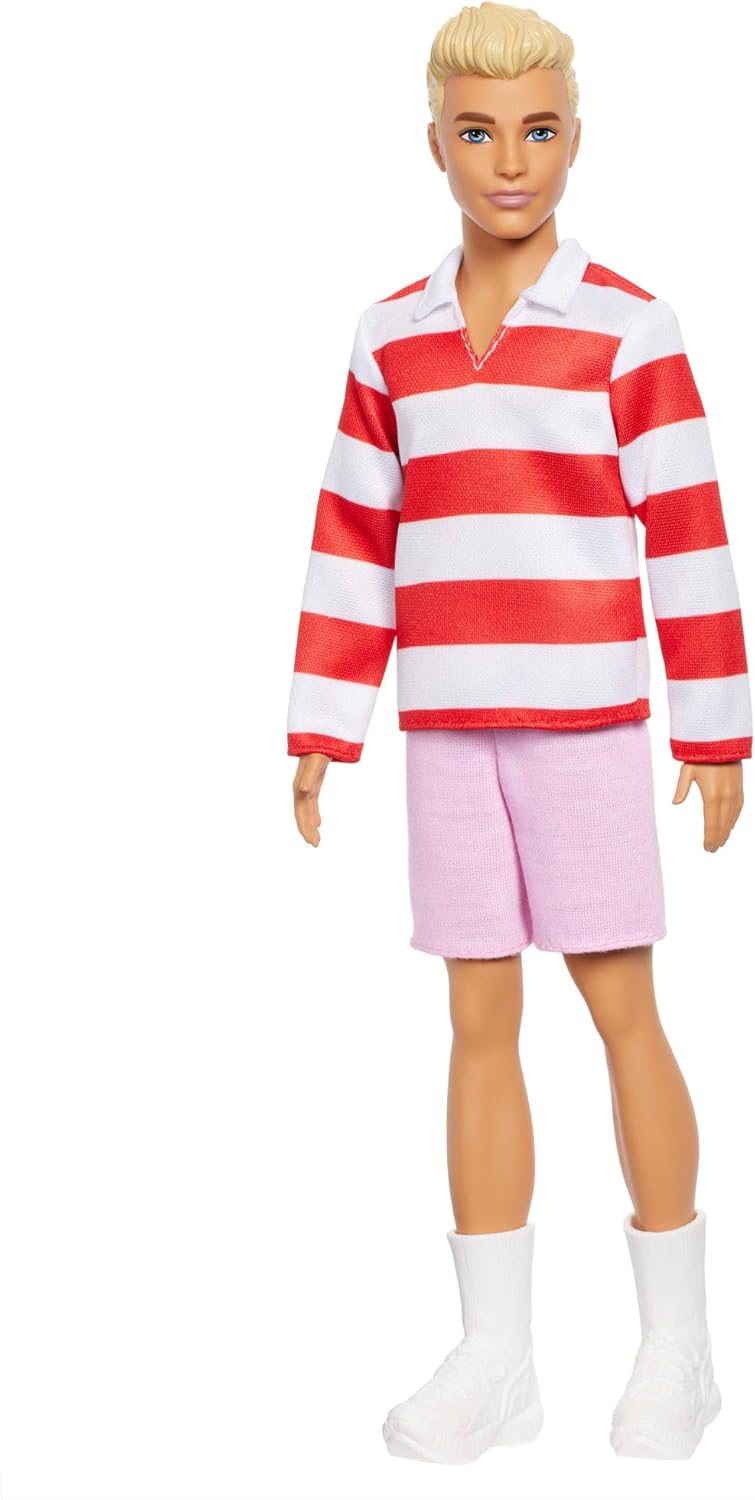 Barbie Fashionistas Ken Doll #241 with Blonde Hair Wearing Red and White Striped Polo Shirt with Pink Shorts, White Crew Sock