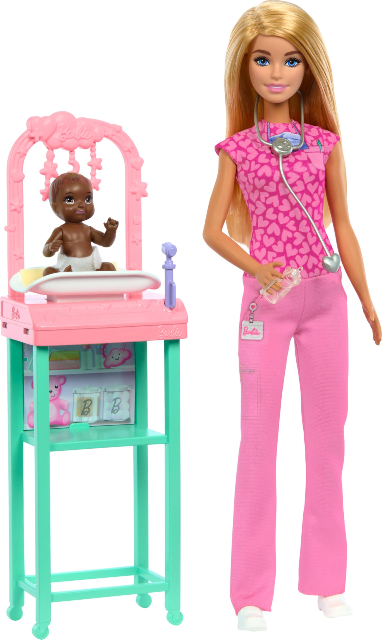 Barbie Baby Doctor Playset with Blonde Fashion Doll Wearing Pink Scrubs, Baby Doll, Furniture & Accessories Multicolor