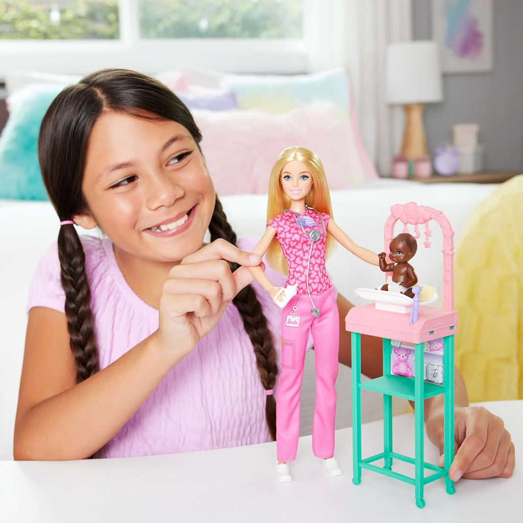 Barbie Baby Doctor Playset with Blonde Fashion Doll Wearing Pink Scrubs, Baby Doll, Furniture & Accessories Multicolor