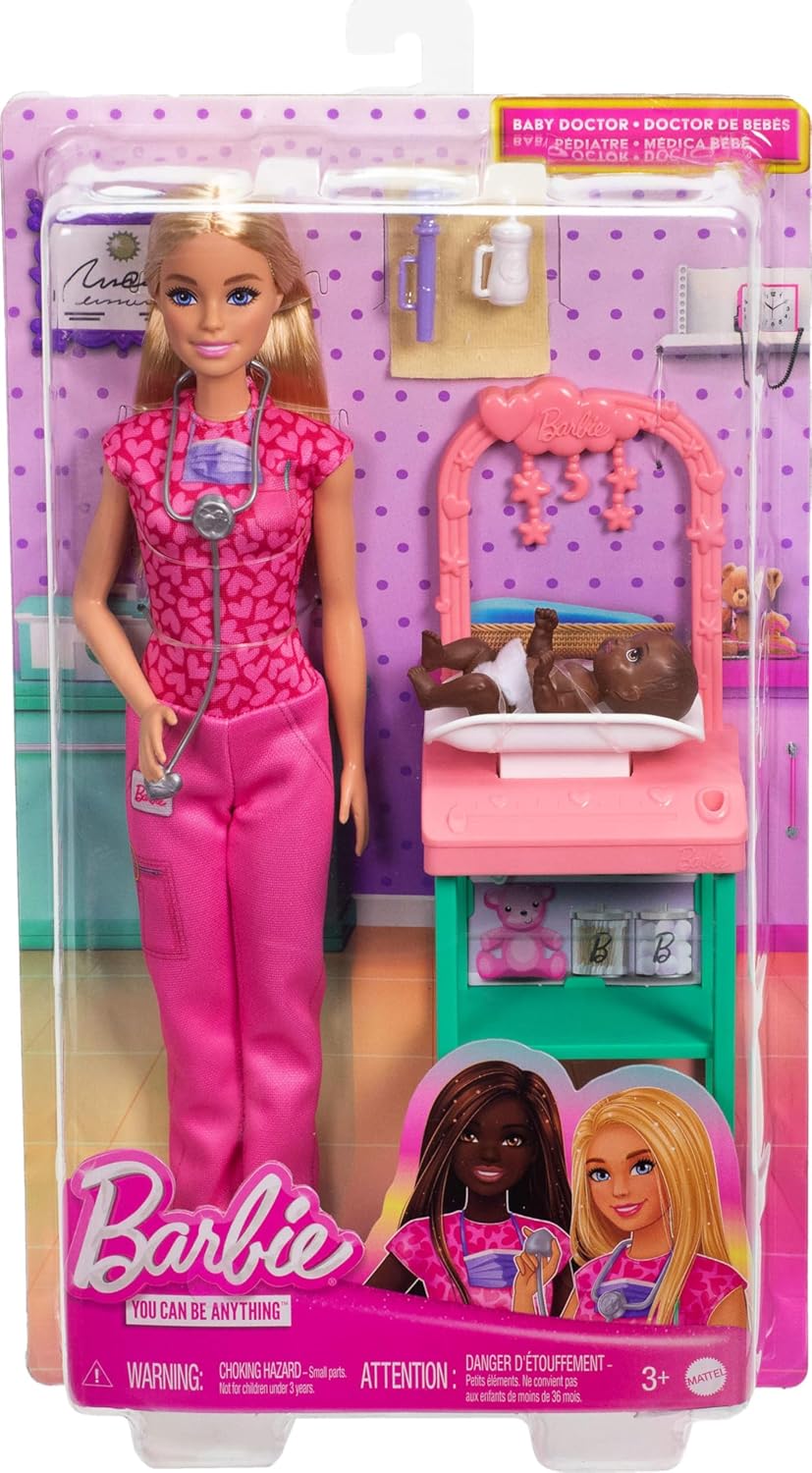 Barbie Baby Doctor Playset with Blonde Fashion Doll Wearing Pink Scrubs, Baby Doll, Furniture & Accessories Multicolor