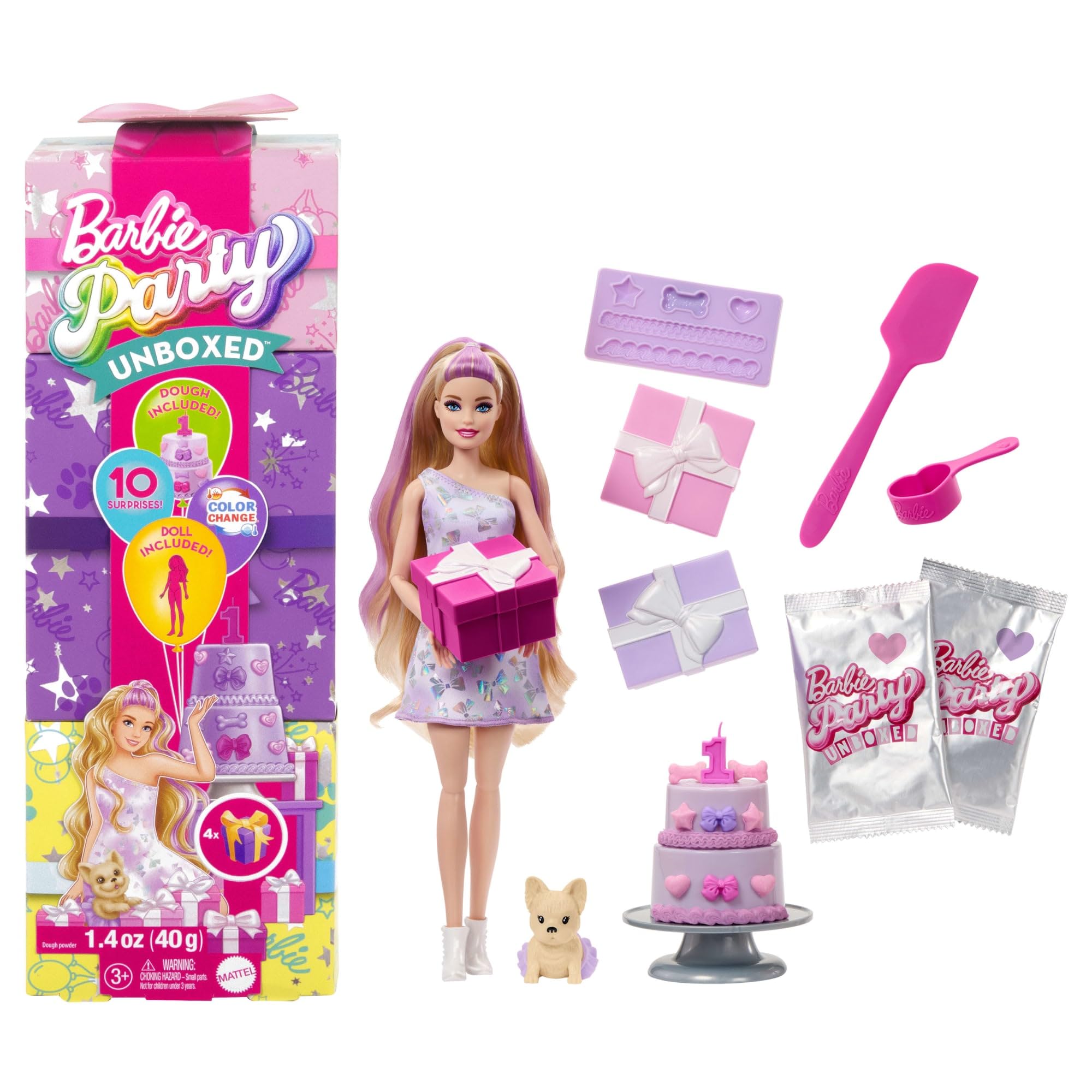 Barbie Party Unboxed Doll & Accessories, Pet Birthday Series Birthday Bows Set with 10 Surprises Including Color Change & Cak
