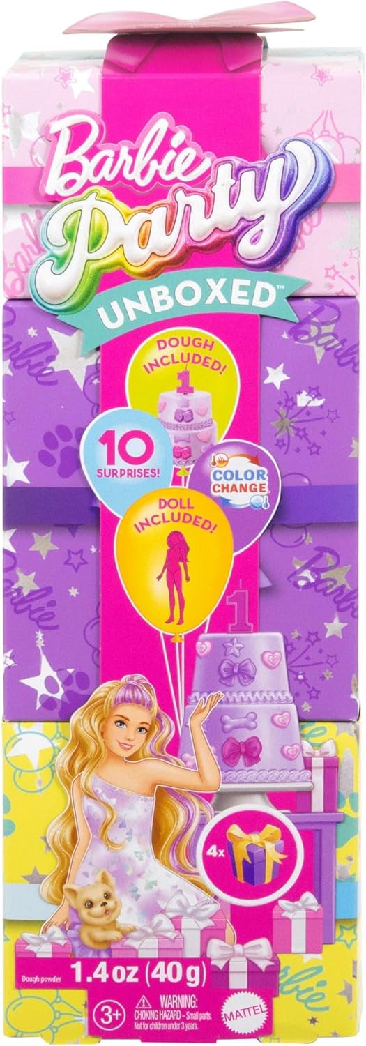 Barbie Party Unboxed Doll & Accessories, Pet Birthday Series Birthday Bows Set with 10 Surprises Including Color Change & Cak