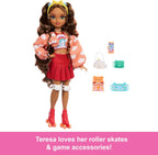 Barbie Dream Besties Doll and Accessories, Teresa Posable Roller Skating Fashion Doll with Brown Hair, 9Video Game Themed Pie