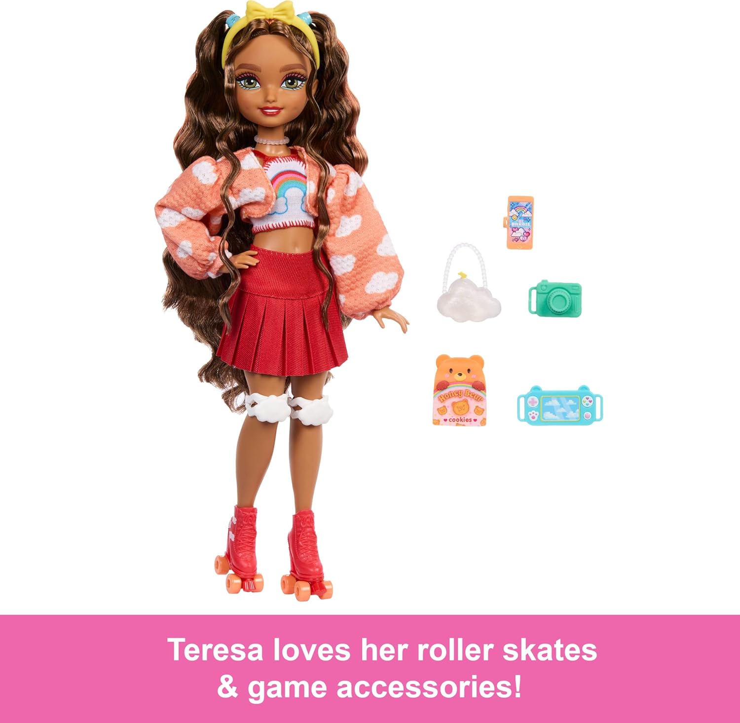 Barbie Dream Besties Doll and Accessories, Teresa Posable Roller Skating Fashion Doll with Brown Hair, 9Video Game Themed Pie