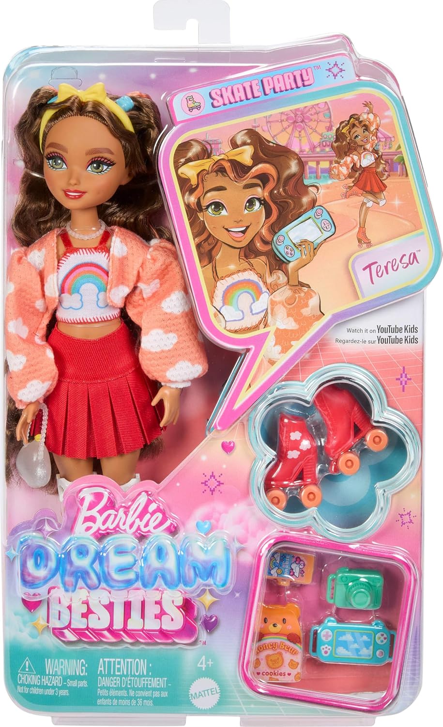Barbie Dream Besties Doll and Accessories, Teresa Posable Roller Skating Fashion Doll with Brown Hair, 9Video Game Themed Pie