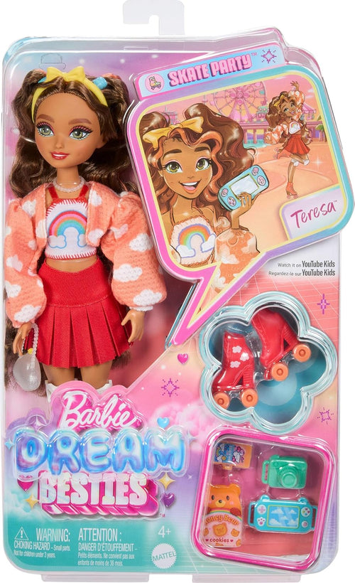 Barbie Dream Besties Doll and Accessories, Teresa Posable Roller Skating Fashion Doll with Brown Hair, 9Video Game Themed Pie