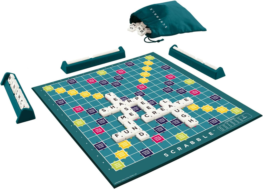 Scrabble Crossword - Classic Board Game - 120 Letter Tiles - 4 Racks - 1 Letter Bag - Instructions Included - for 2 to 4 Players - Gift for Kids 10+