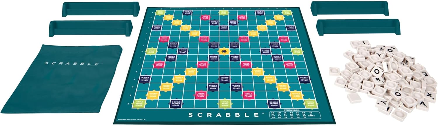 Scrabble Crossword - Classic Board Game - 120 Letter Tiles - 4 Racks - 1 Letter Bag - Instructions Included - for 2 to 4 Players - Gift for Kids 10+