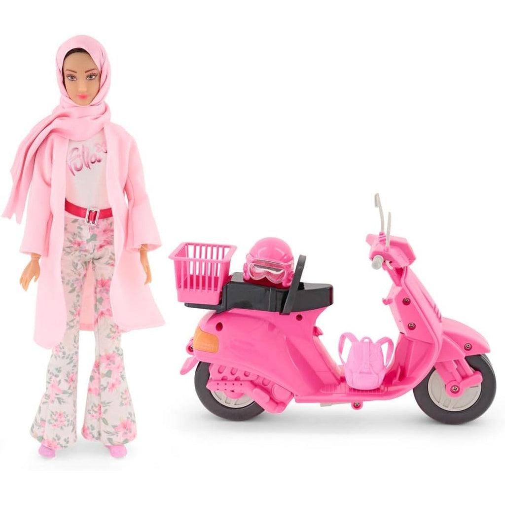 Fulla Doll with Pink Motorbike Includes Floral Pants, Jacket, Helmet and Headscarf & Fashionable Outfit with Ride-On